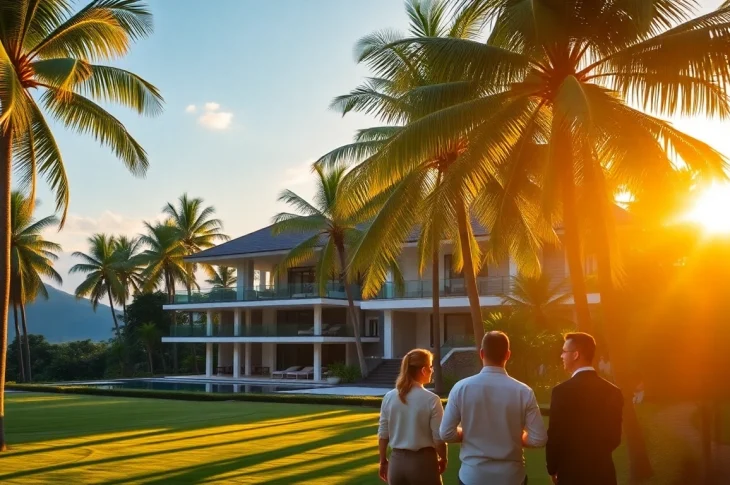 Property management Phuket team reviewing a luxury villa surrounded by palm trees