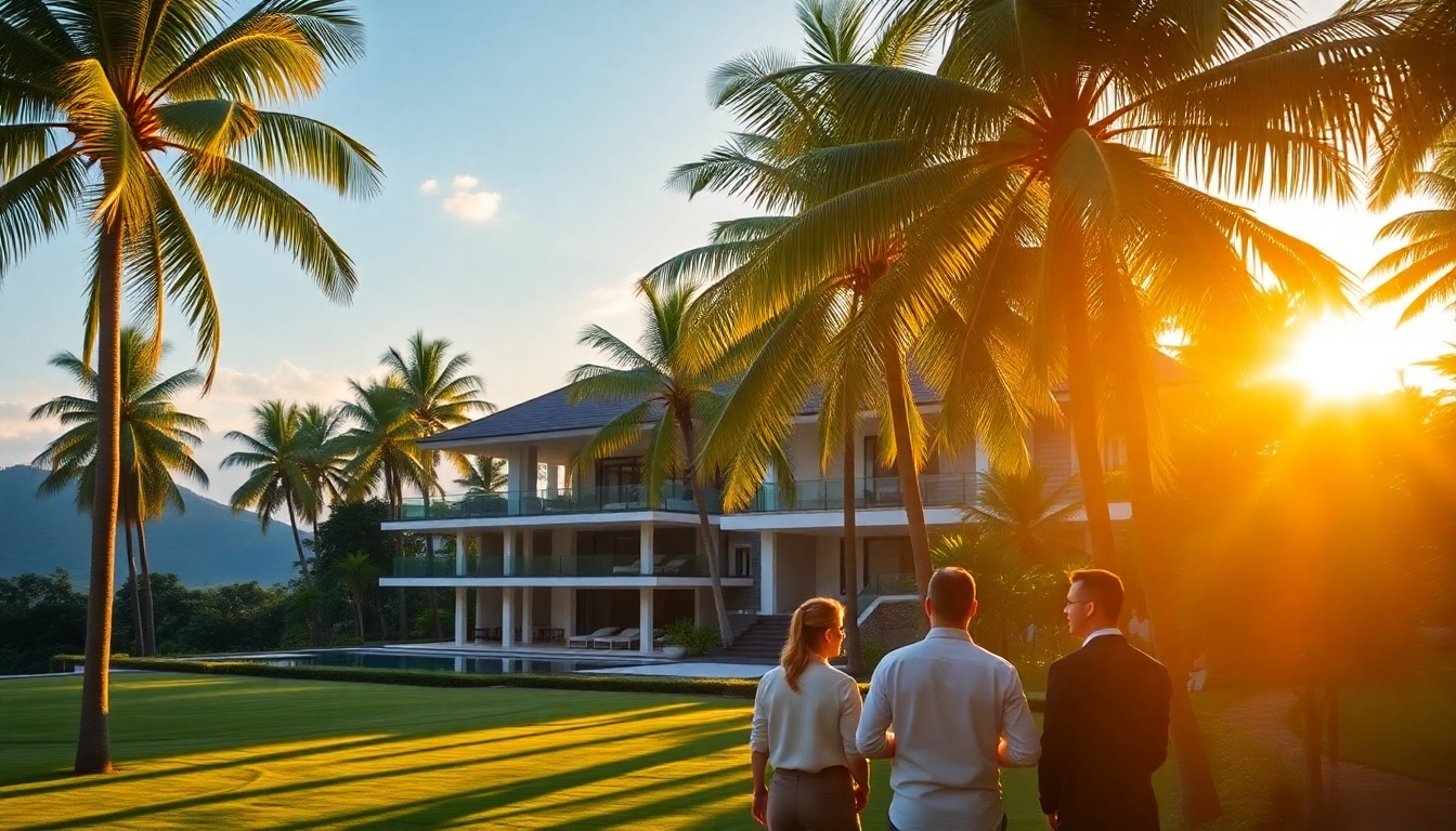 Property management Phuket team reviewing a luxury villa surrounded by palm trees
