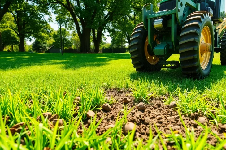 Core aeration machine at work, removing soil plugs from a vibrant lawn to improve health.