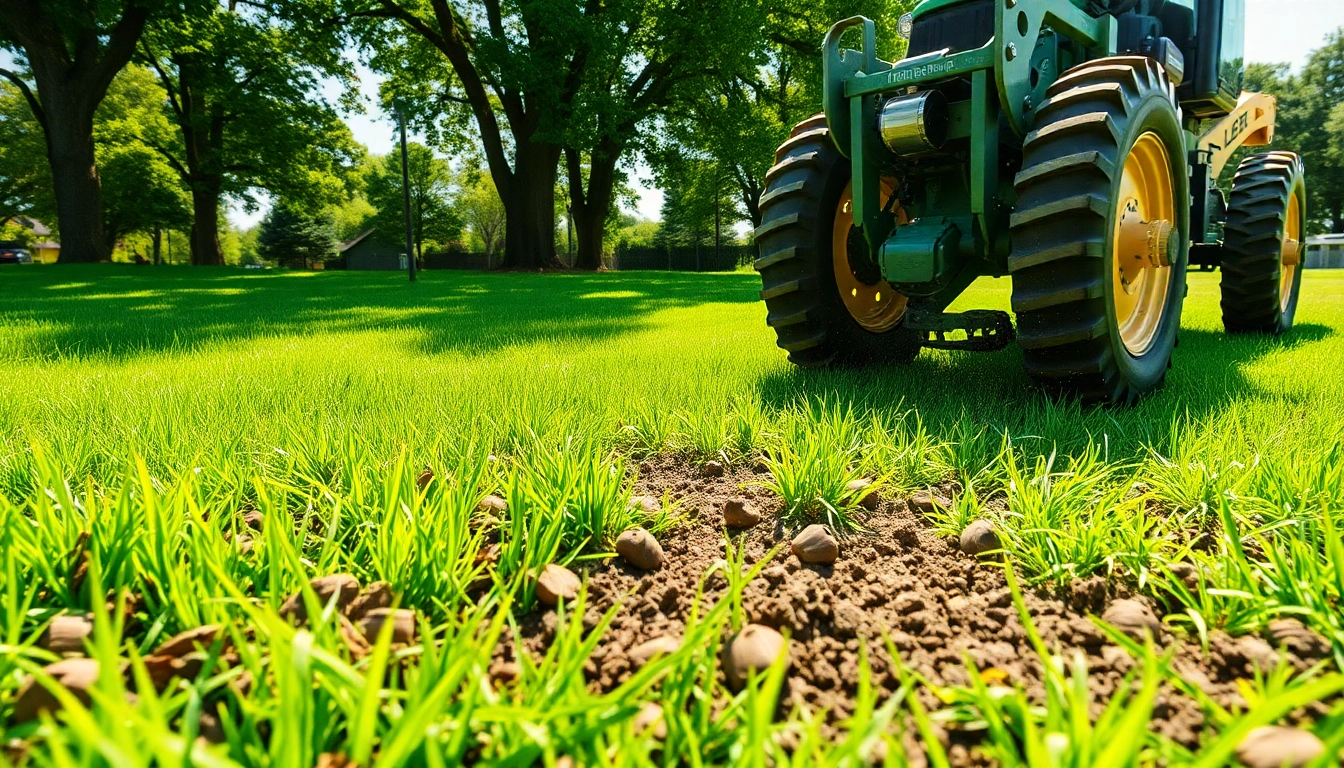 Core aeration machine at work, removing soil plugs from a vibrant lawn to improve health.