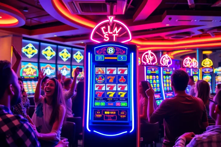 Players enjoying a lively เกมสล็อต experience at a neon-lit slot machine in a modern gaming lounge.