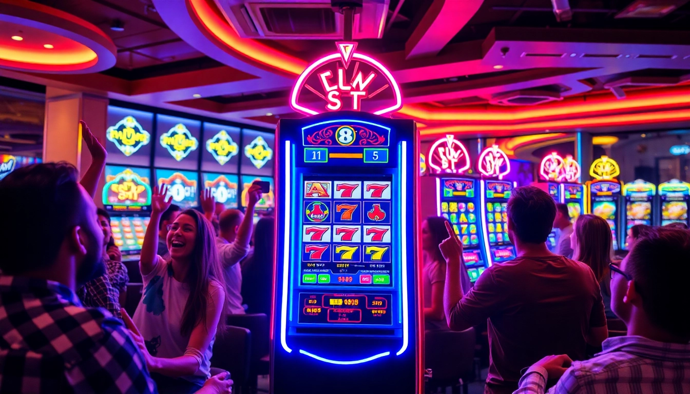 Players enjoying a lively เกมสล็อต experience at a neon-lit slot machine in a modern gaming lounge.