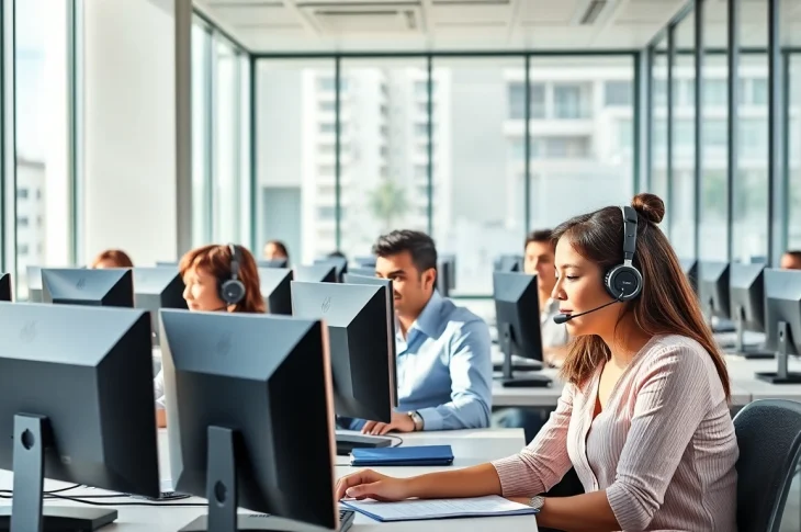 Engaged professionals collaborating in a Tijuana call center, showcasing teamwork and efficiency.