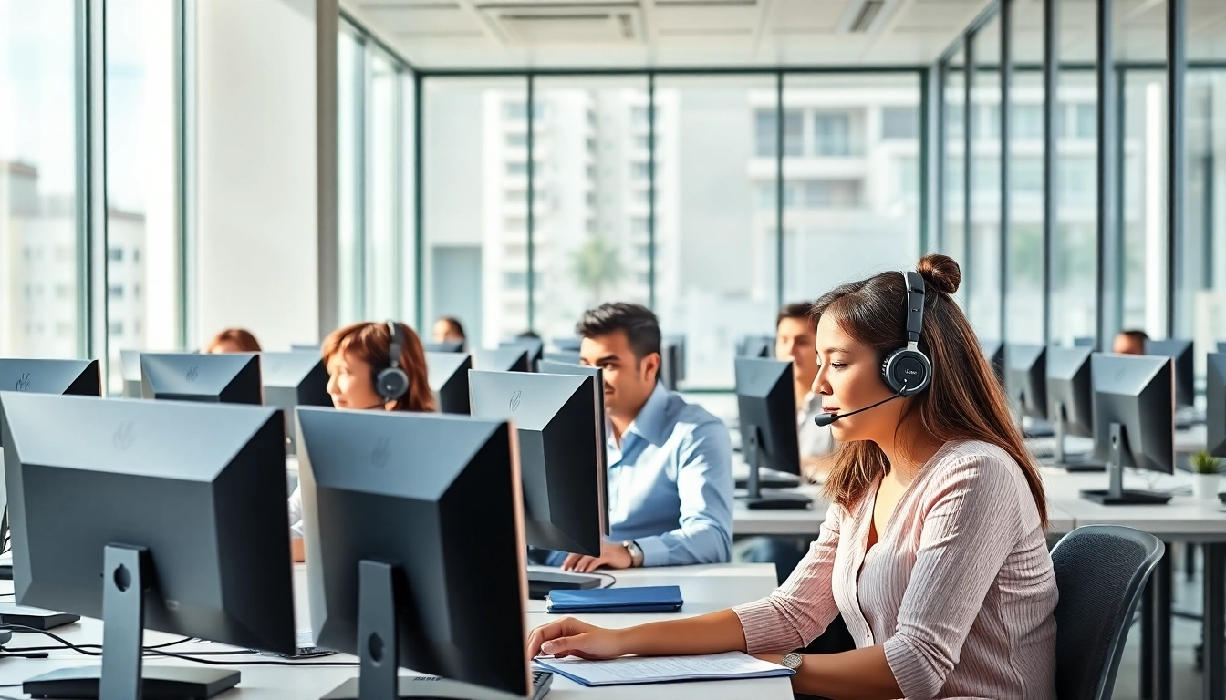 Engaged professionals collaborating in a Tijuana call center, showcasing teamwork and efficiency.