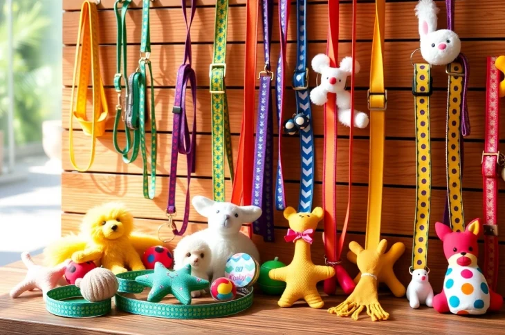 Showcase of trendy pet accessories including stylish collars and leashes for pets.