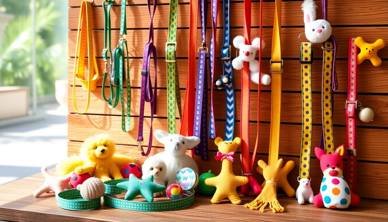 Showcase of trendy pet accessories including stylish collars and leashes for pets.