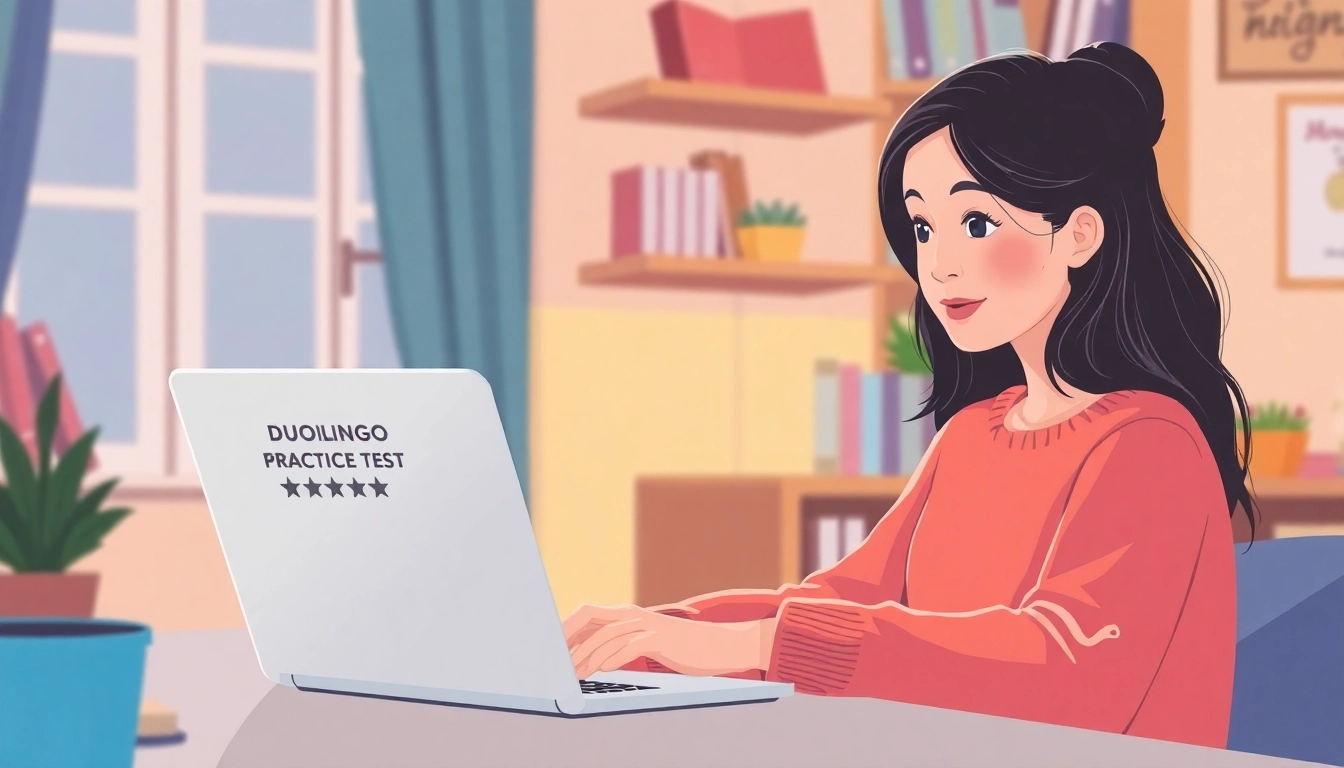 Student actively participating in the Duolingo English practice test on a laptop in a comfortable setting.