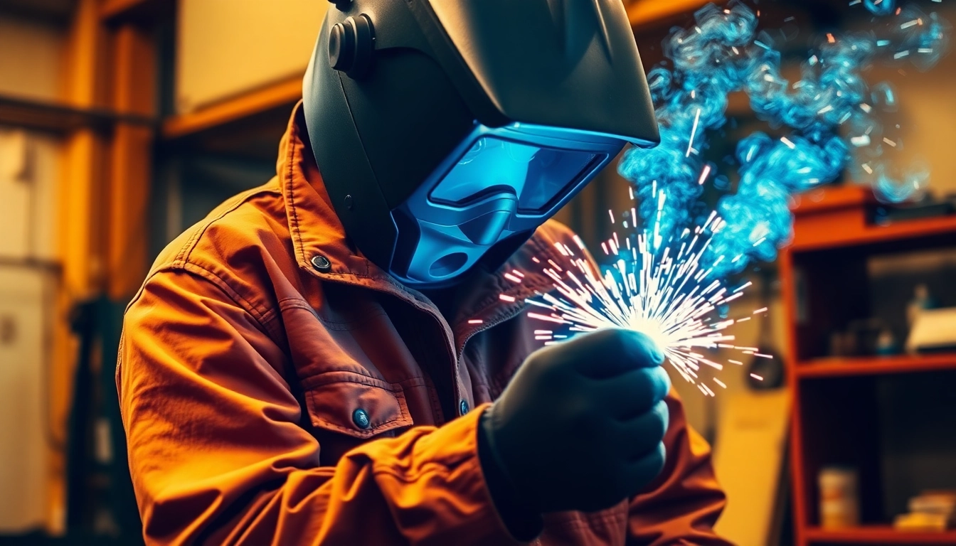 Welder performing a task in a welding jacket while sparks fly, demonstrating protection and durability.