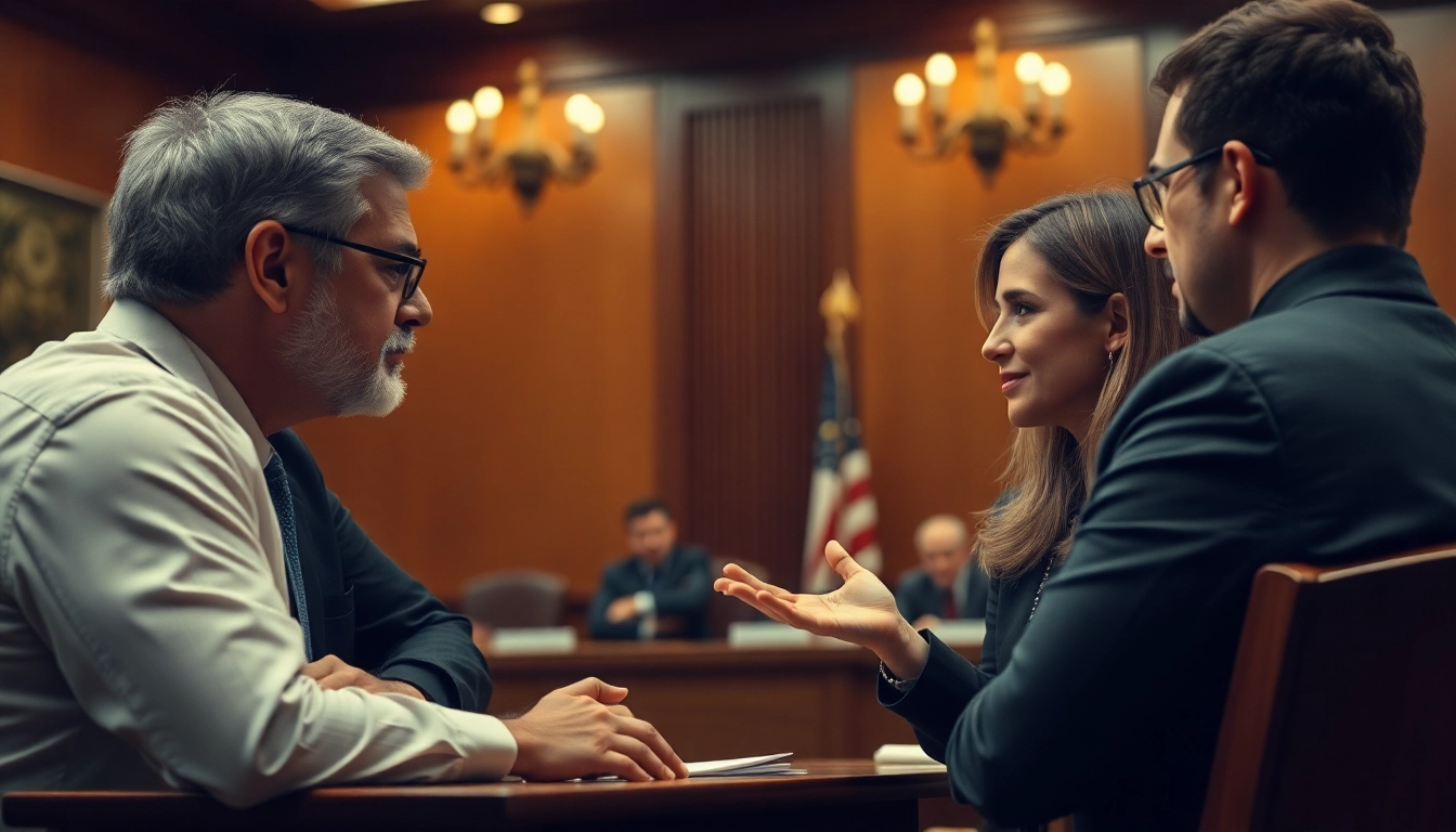 Engaged NEC lawsuit attorneys consulting with clients in a courtroom setting.