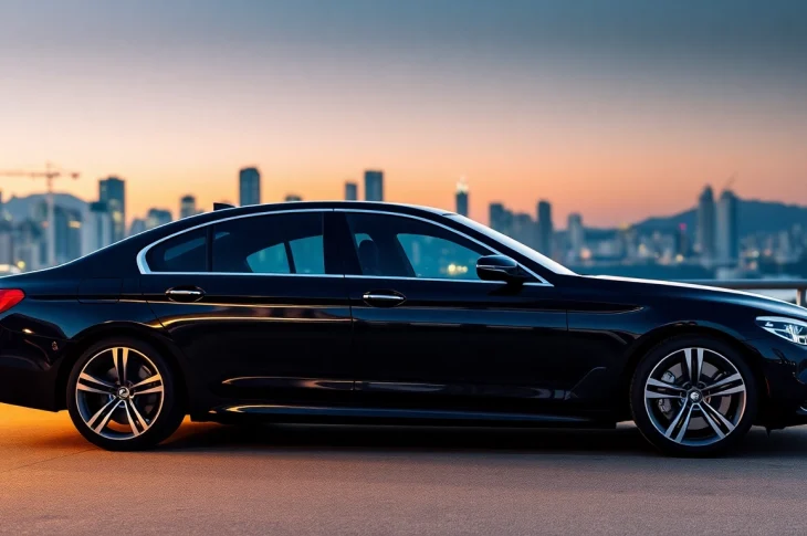 Discover affordable and comfortable cheap private car service Vancouver with a sleek black sedan against the city skyline.