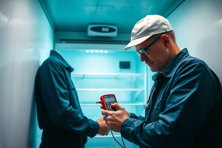 Technician executing walk in freezer repair using tools in a commercial kitchen.