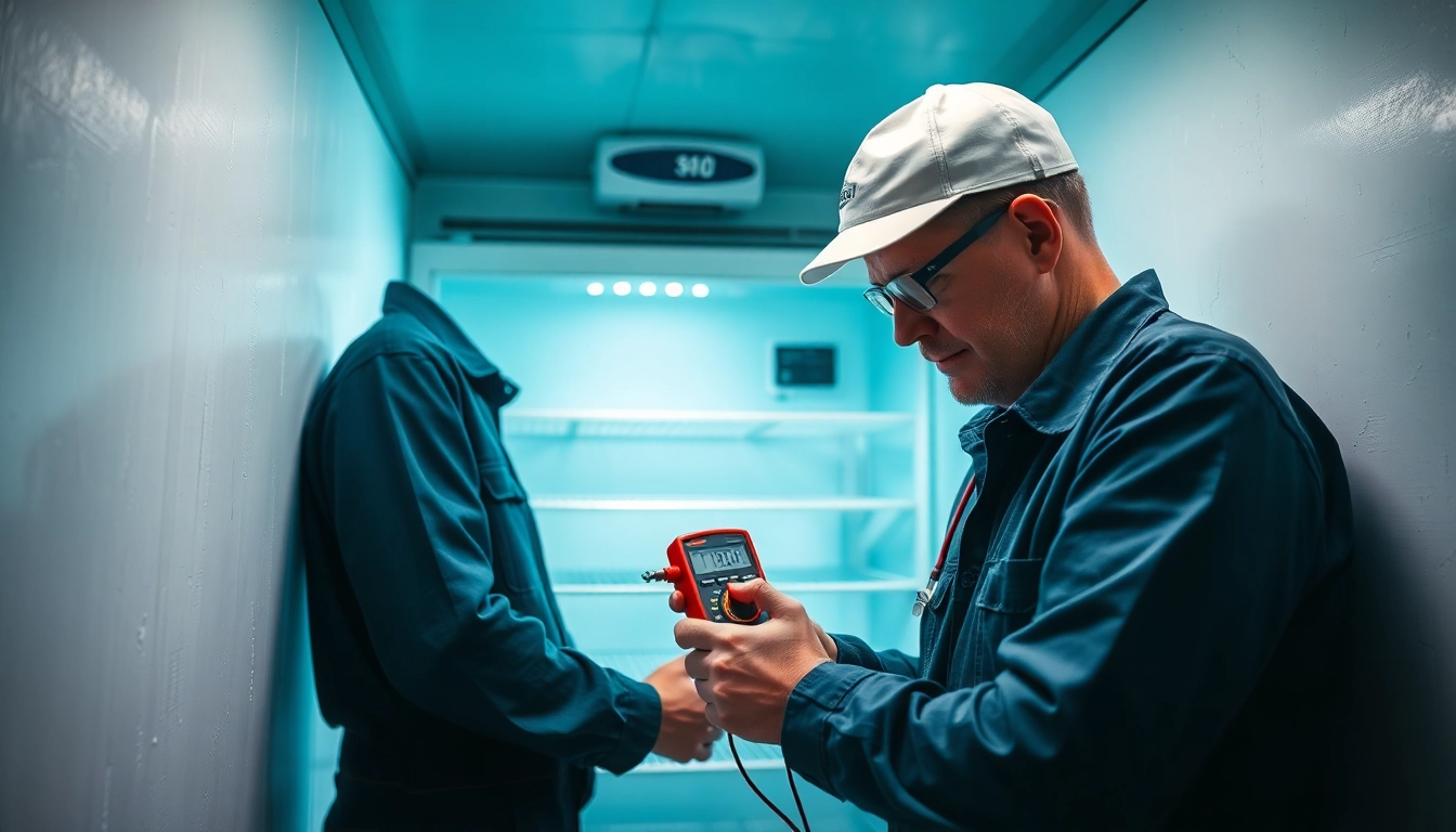Technician executing walk in freezer repair using tools in a commercial kitchen.