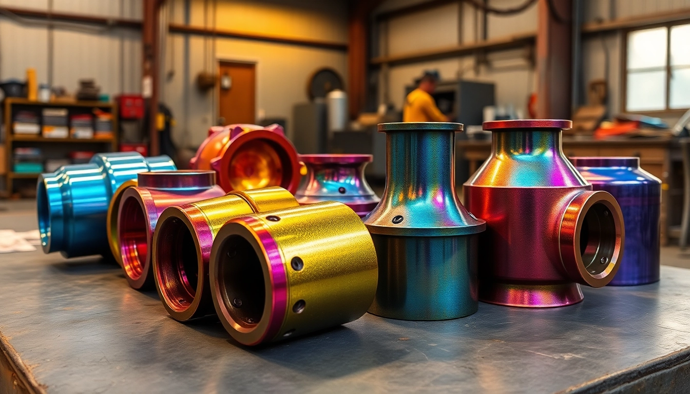 Show vibrant powder coating applied to metallic items, showcasing texture and finish in a workshop.