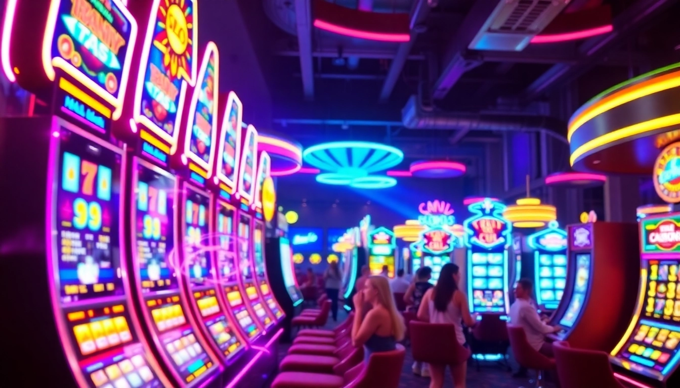 Engaging players at สล็อต168 with vibrant slot machines in a lively digital casino atmosphere.