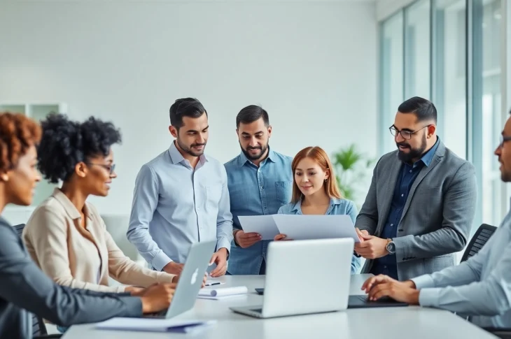 Team collaborating on outsourcing strategies in a modern office, promoting efficiency and diversity.