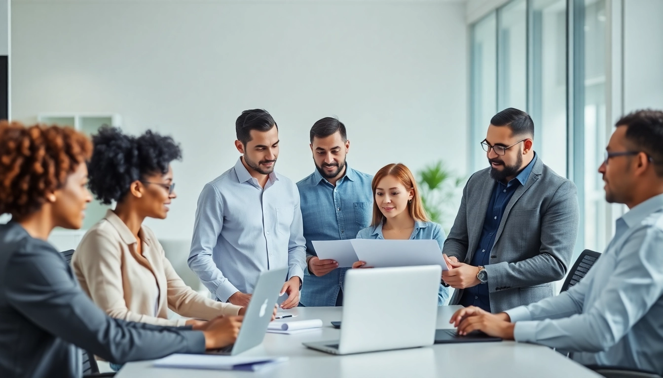 Team collaborating on outsourcing strategies in a modern office, promoting efficiency and diversity.