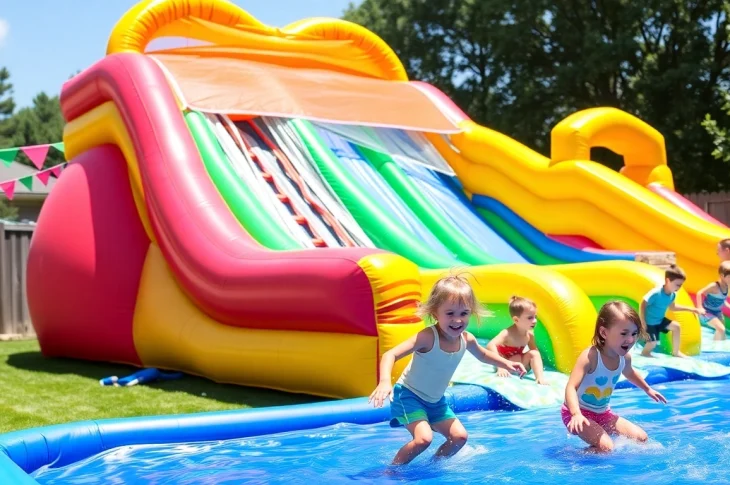 Enjoy a thrilling Water Slide Rental experience with kids sliding into a splash pool under the sun.