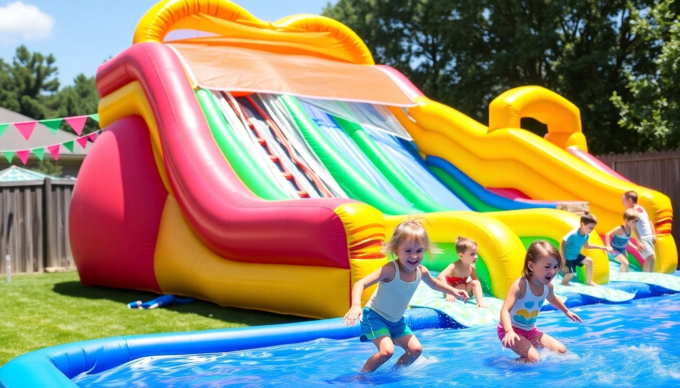 Enjoy a thrilling Water Slide Rental experience with kids sliding into a splash pool under the sun.