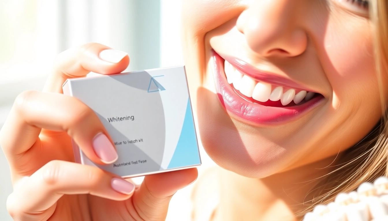 Using a teeth whitening kit to achieve a brighter smile with stylish packaging and natural lighting.