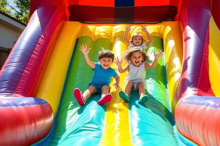 Kids enjoying a fun slide rental at a vibrant summer party.