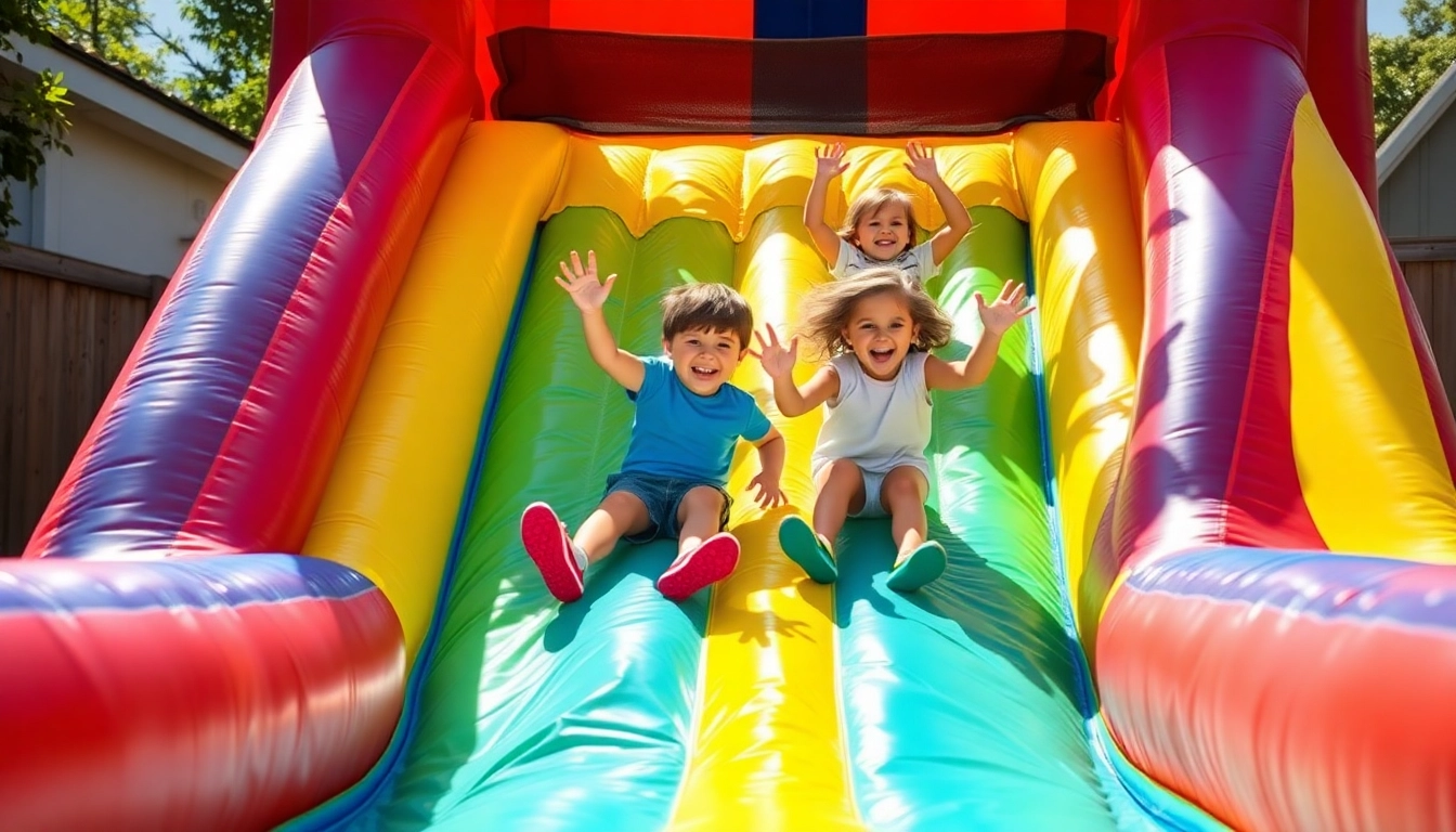 Kids enjoying a fun slide rental at a vibrant summer party.