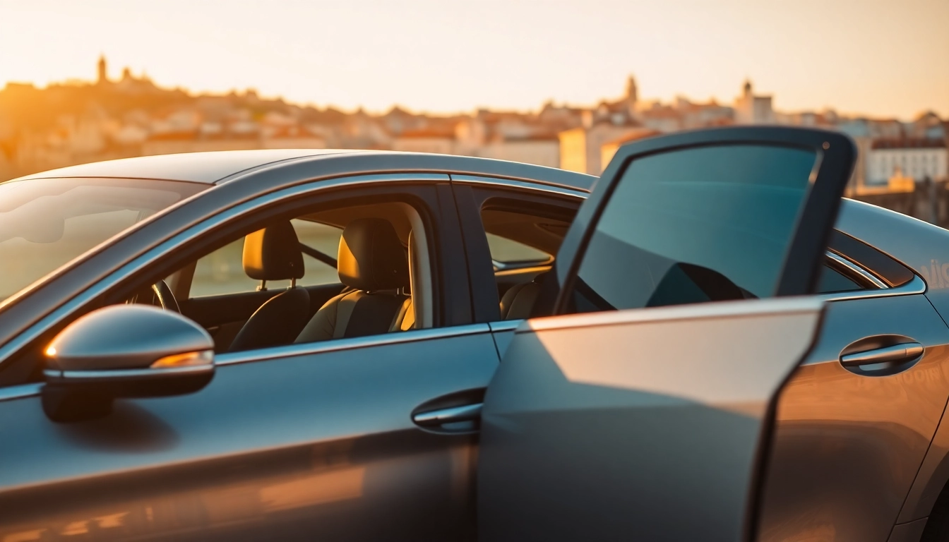 Experience cheap car rental with driver Lisbon in a luxurious vehicle against a stunning cityscape.
