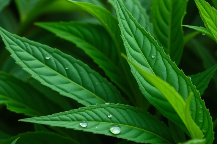 Close-up of CBD Tobacco leaves highlighting their texture and vibrant colors in natural light.