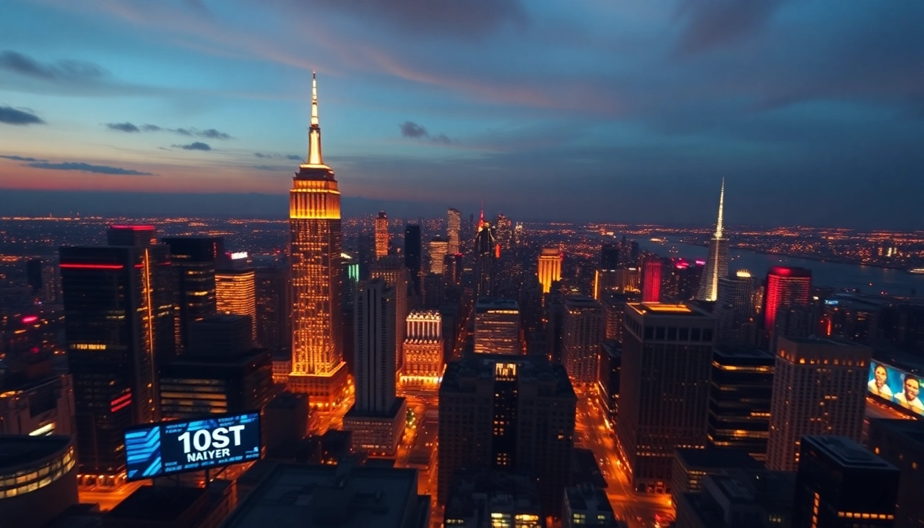 Breaking news on a digital display in a vibrant city skyline at dusk.
