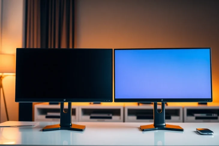 Envision a dual monitor install showcasing an ergonomic workspace with sleek, connected displays and a minimalist design.