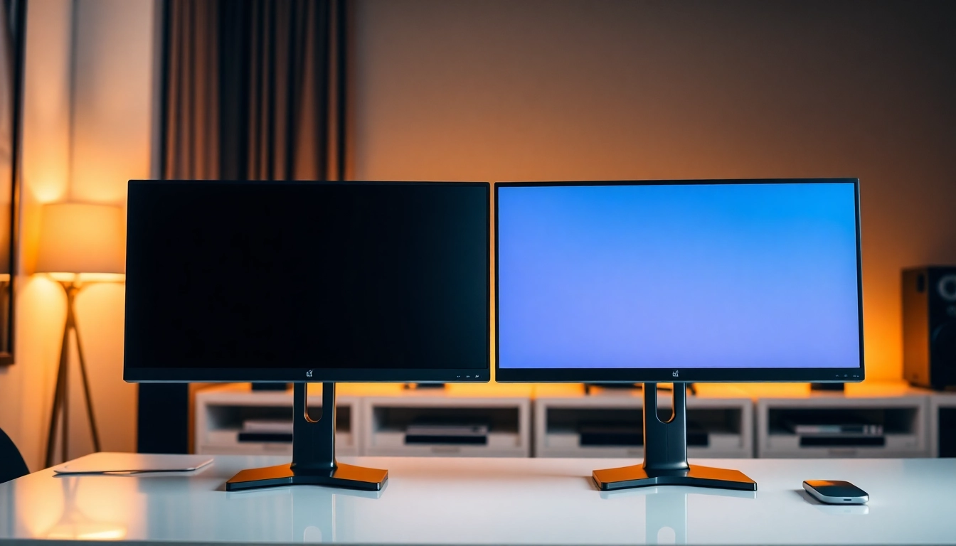 Envision a dual monitor install showcasing an ergonomic workspace with sleek, connected displays and a minimalist design.