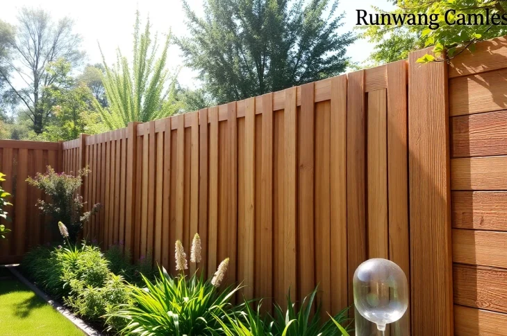 Installing fencing Manchester showcasing a wooden design in a serene garden setting.