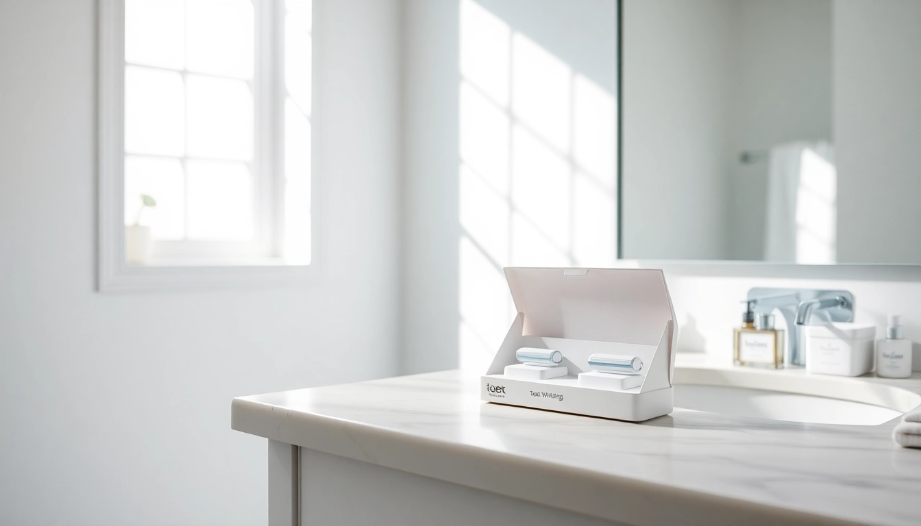 Bright teeth whitening kit on a marble countertop enhancing dental care routine.