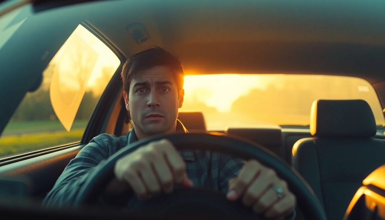 A person experiencing fear of driving grips the steering wheel tightly in a tense, interior car scene.
