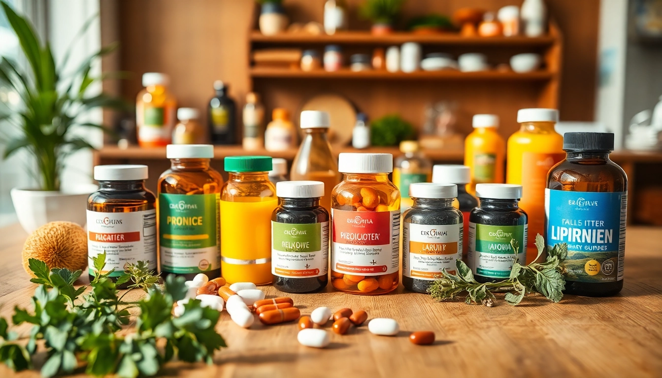 Showcase diverse dietary supplements arranged creatively on a wooden table with fresh herbs.
