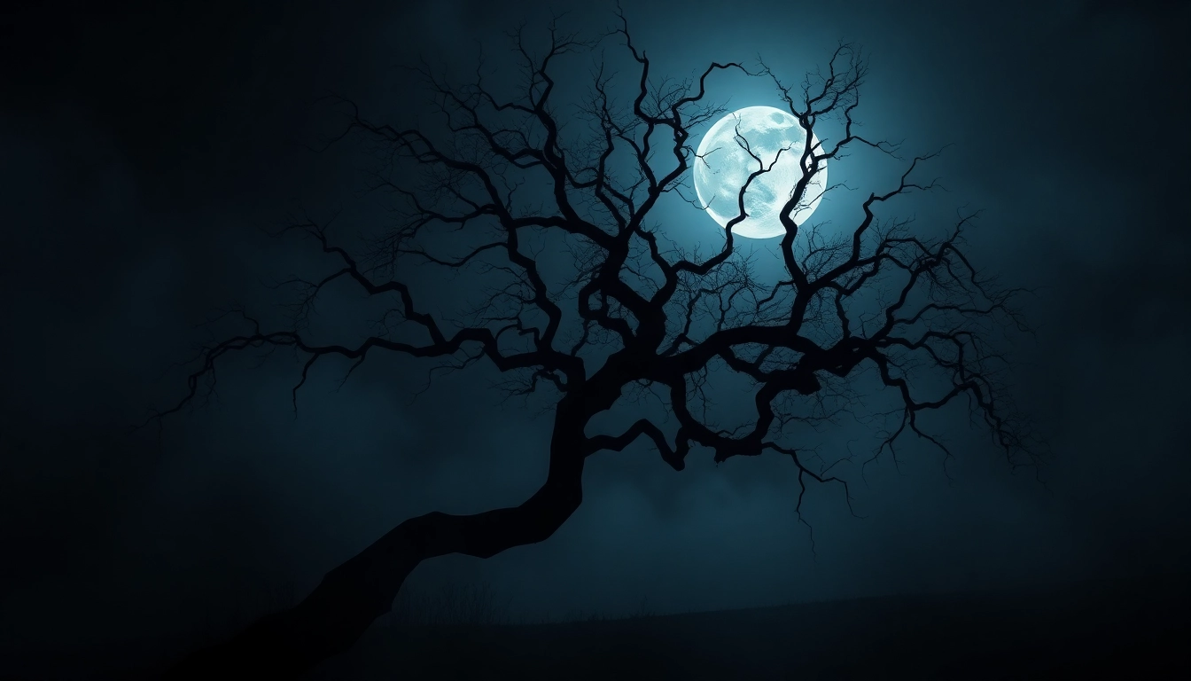 Capture the essence of the HellHorror theme with a haunting silhouette against a misty night sky.