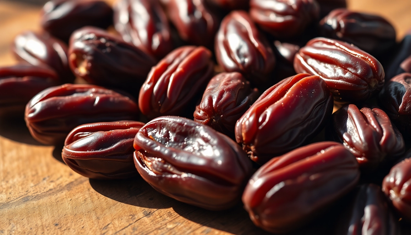 Indulge in rich Medjool dates, showcasing their glossy surface and luscious texture on a wooden table.