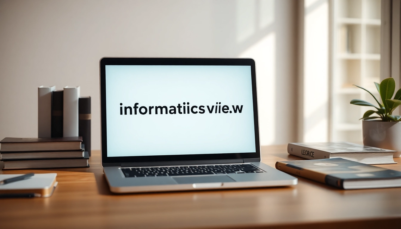 Interact with informaticsview.com through a welcoming workspace displaying a laptop among books and plants.