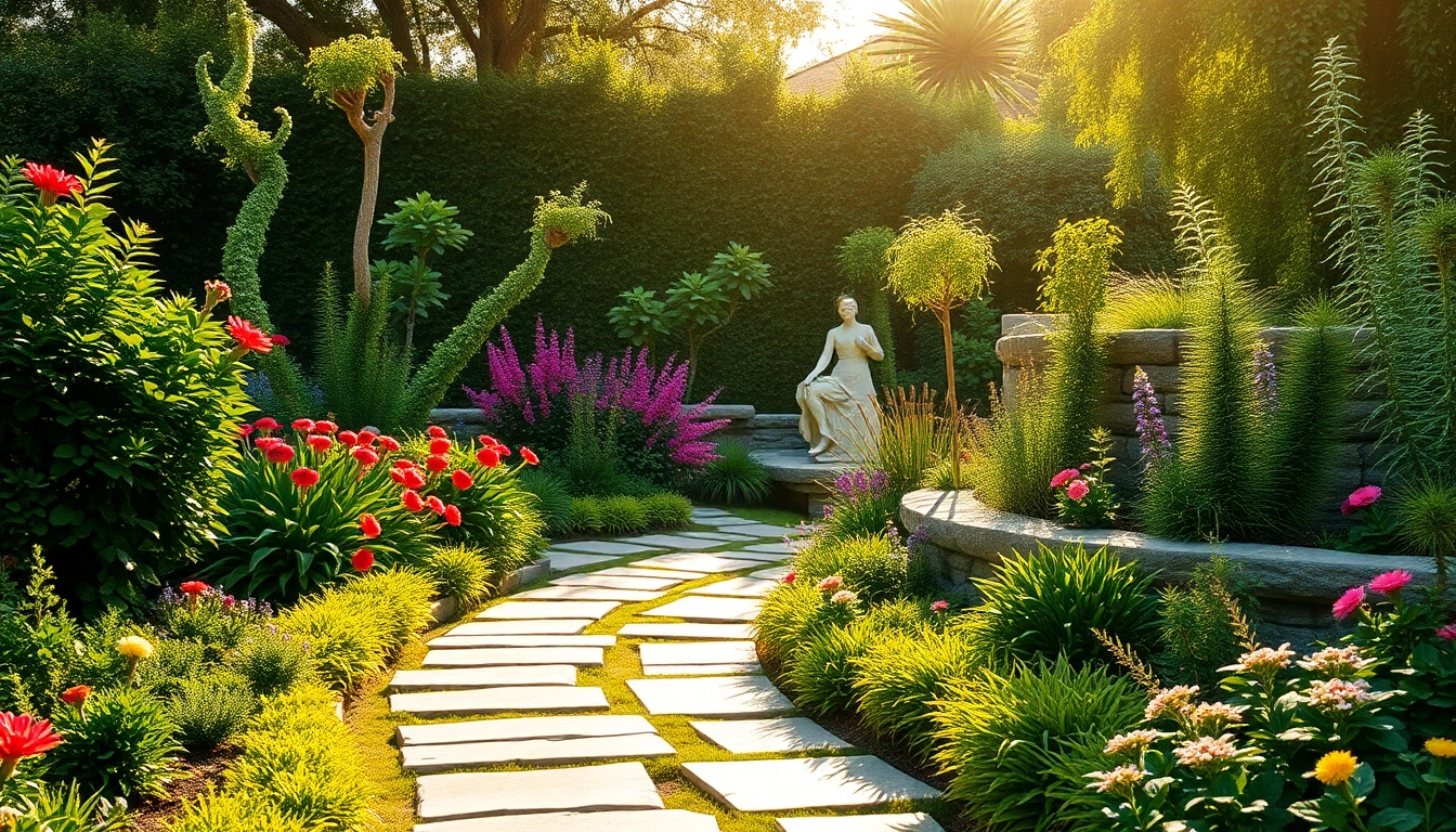 Showcasing a beautiful landscape design service featuring vibrant plants and a serene garden atmosphere.