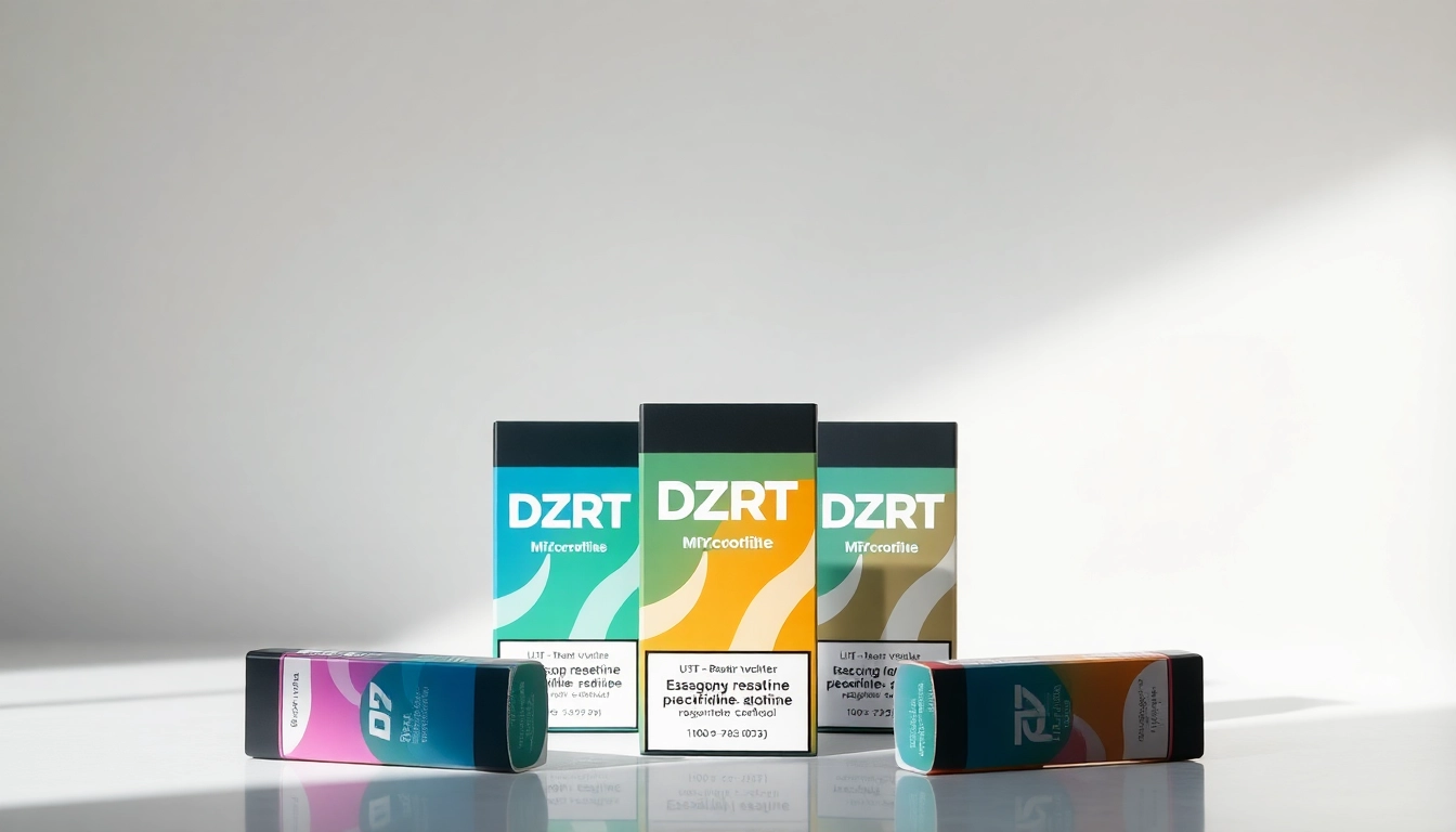 Showcasing DZRT Bahrain nicotine pouches with vibrant packaging on a clean background, inviting viewers to experience the product.