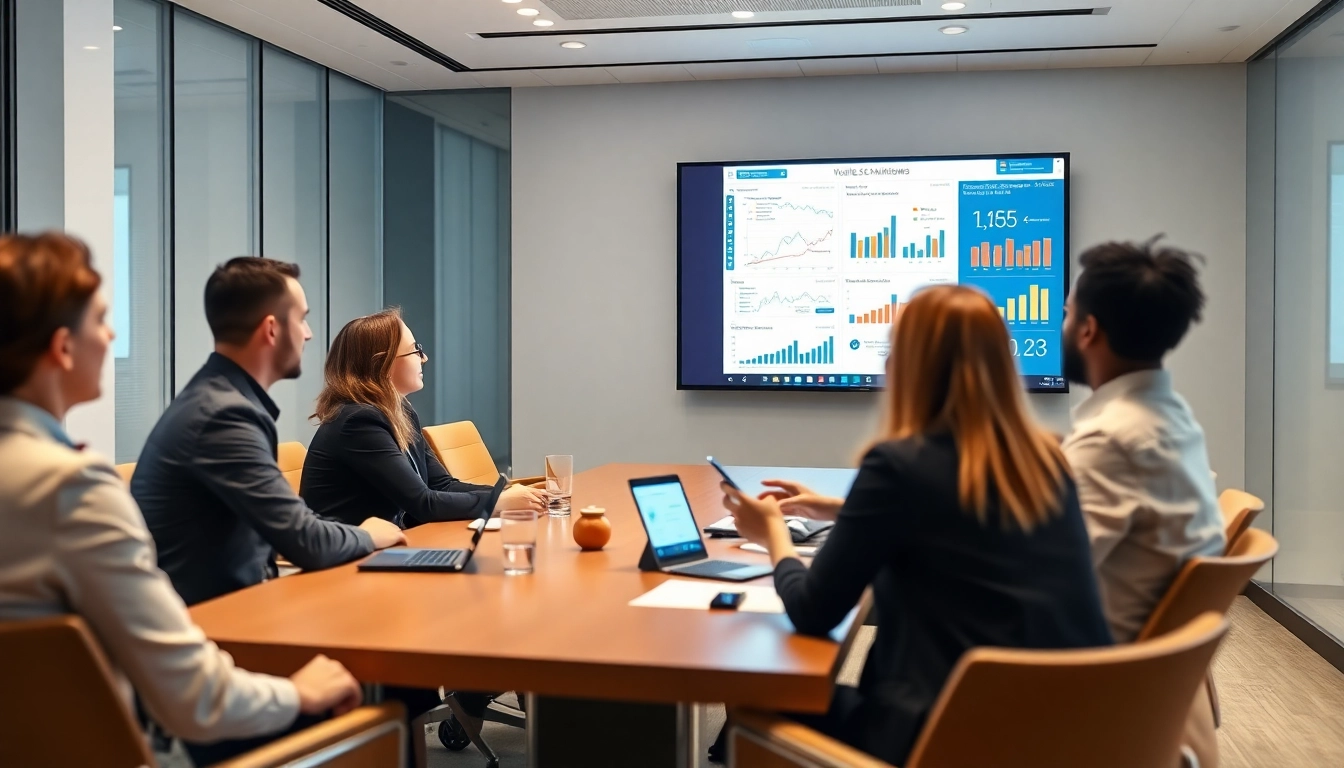 Team conducting a competitor analysis using data charts in a modern office setting.
