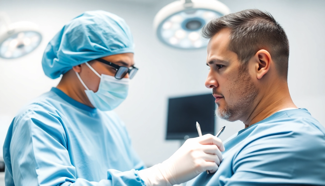 Surgeon explaining the hair transplant procedure to a patient with detailed instruments in a clinical setting.