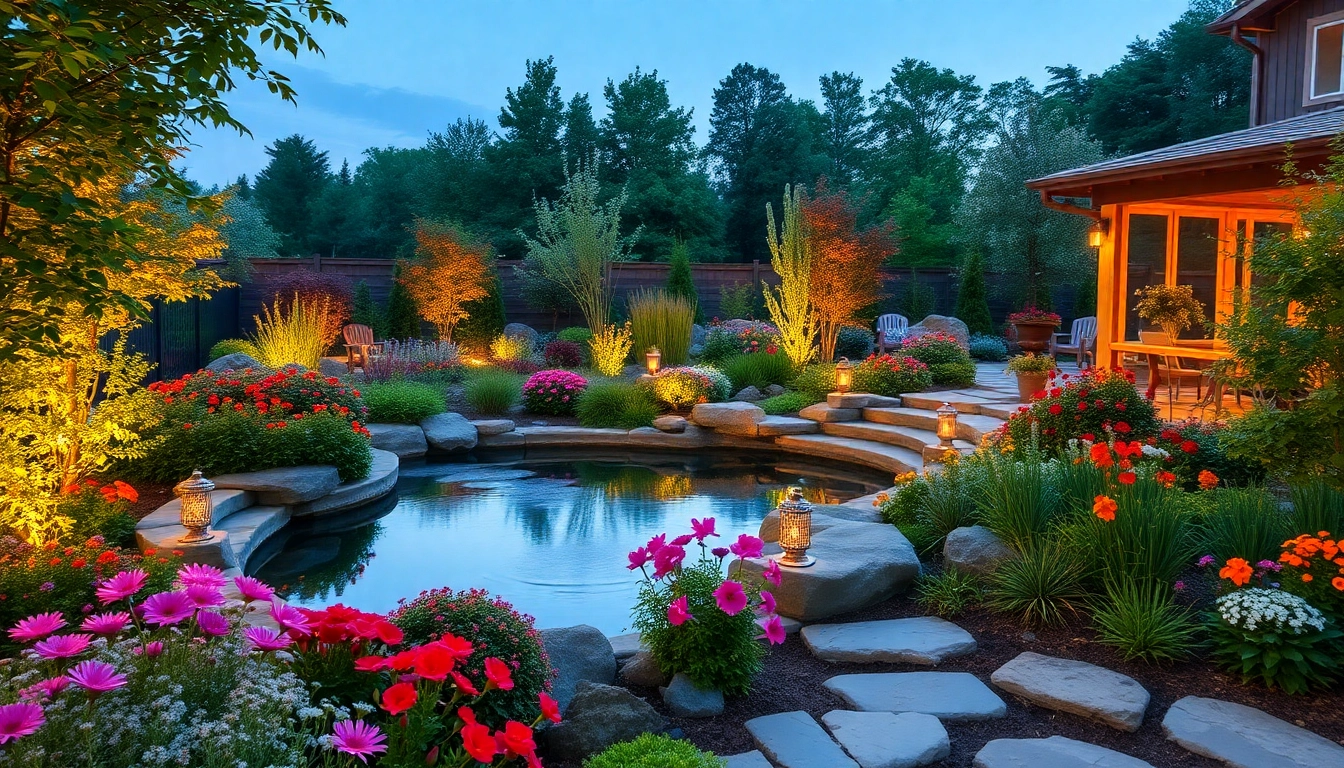 Showcase a vibrant landscape design service with lush gardens and calming water features.