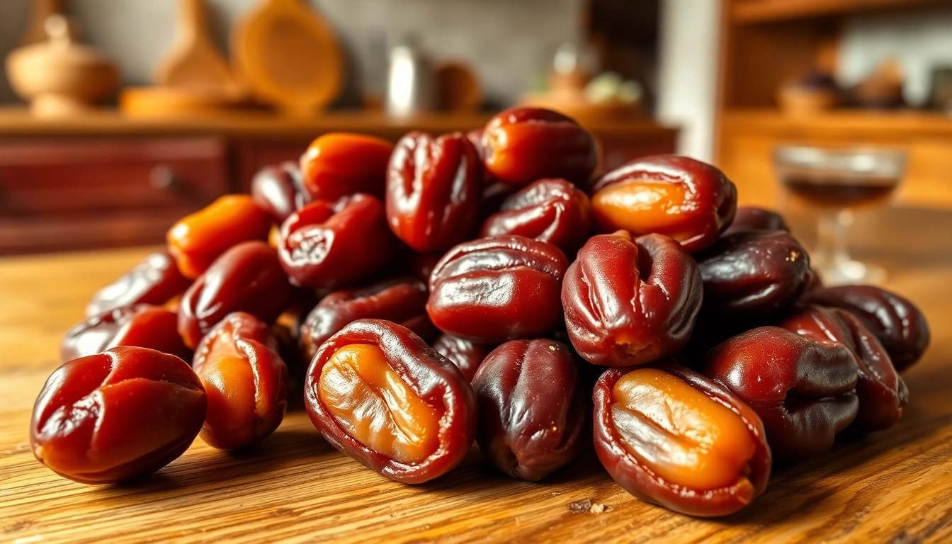 Enjoy fresh Medjool dates displayed on rustic wood, highlighting their plumpness and organic appeal.