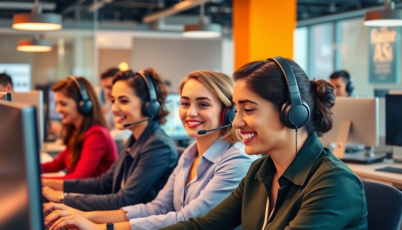 Engaging agents working at a call center in Tijuana, employing vibrant colors and a professional atmosphere.