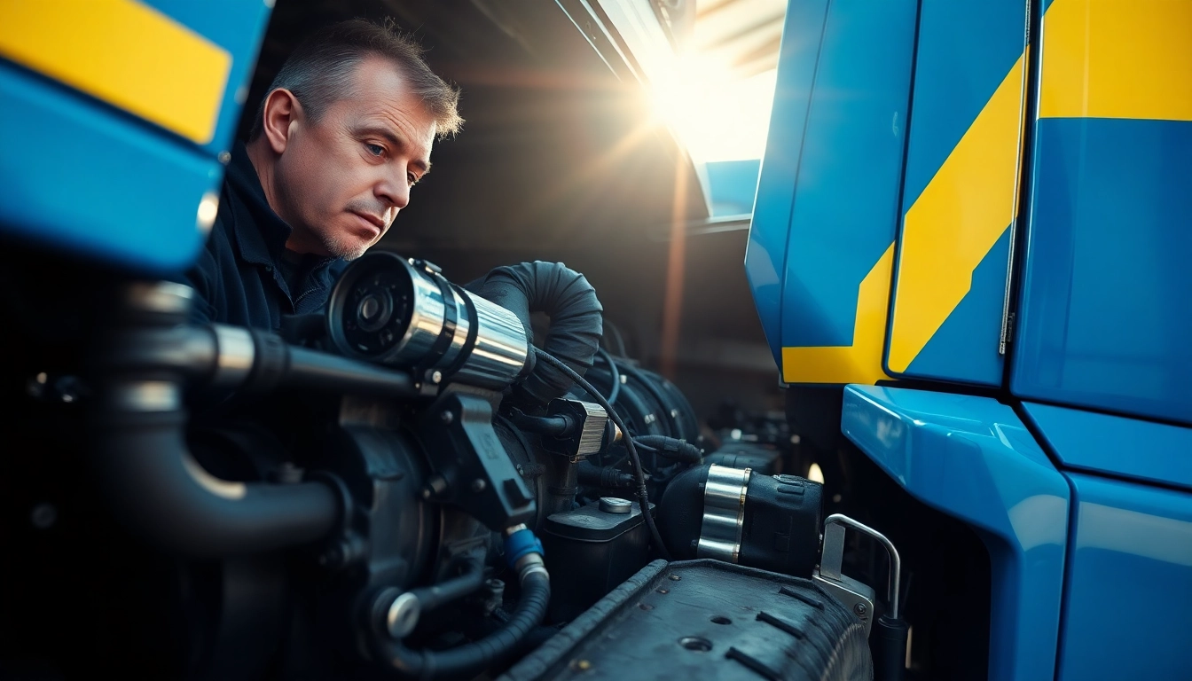Mobile truck diagnostics near me: Technician inspecting heavy truck engine components in outdoor garage.