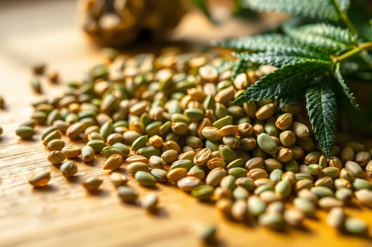 View high-quality marijuana seeds showcasing their unique textures and colors on a rustic wooden surface.