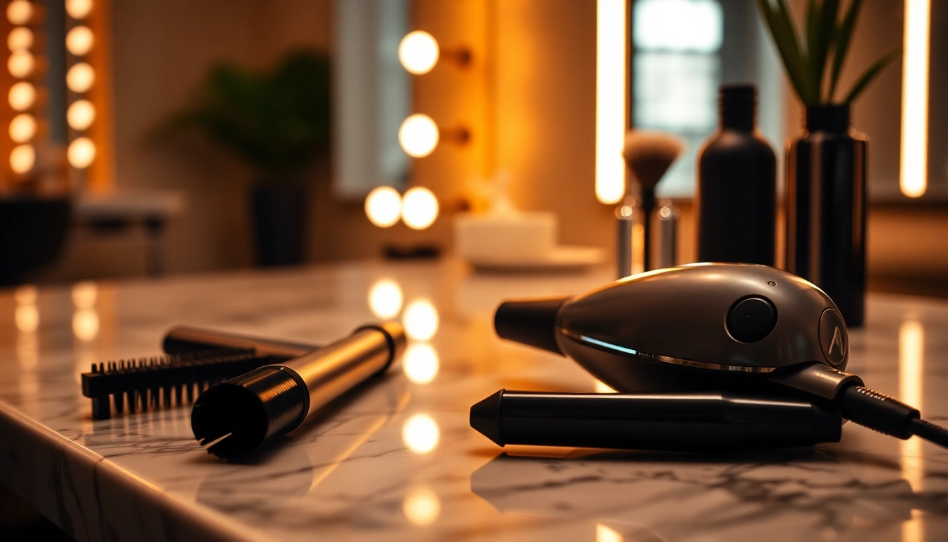 Using hairstyles tools, a hair stylist creates vibrant, textured looks with a sleek air hair styler.