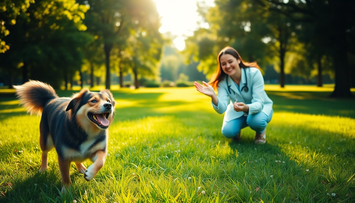 Kate's K9 Pet Care expert caring for a playful dog in a sunny park setting.