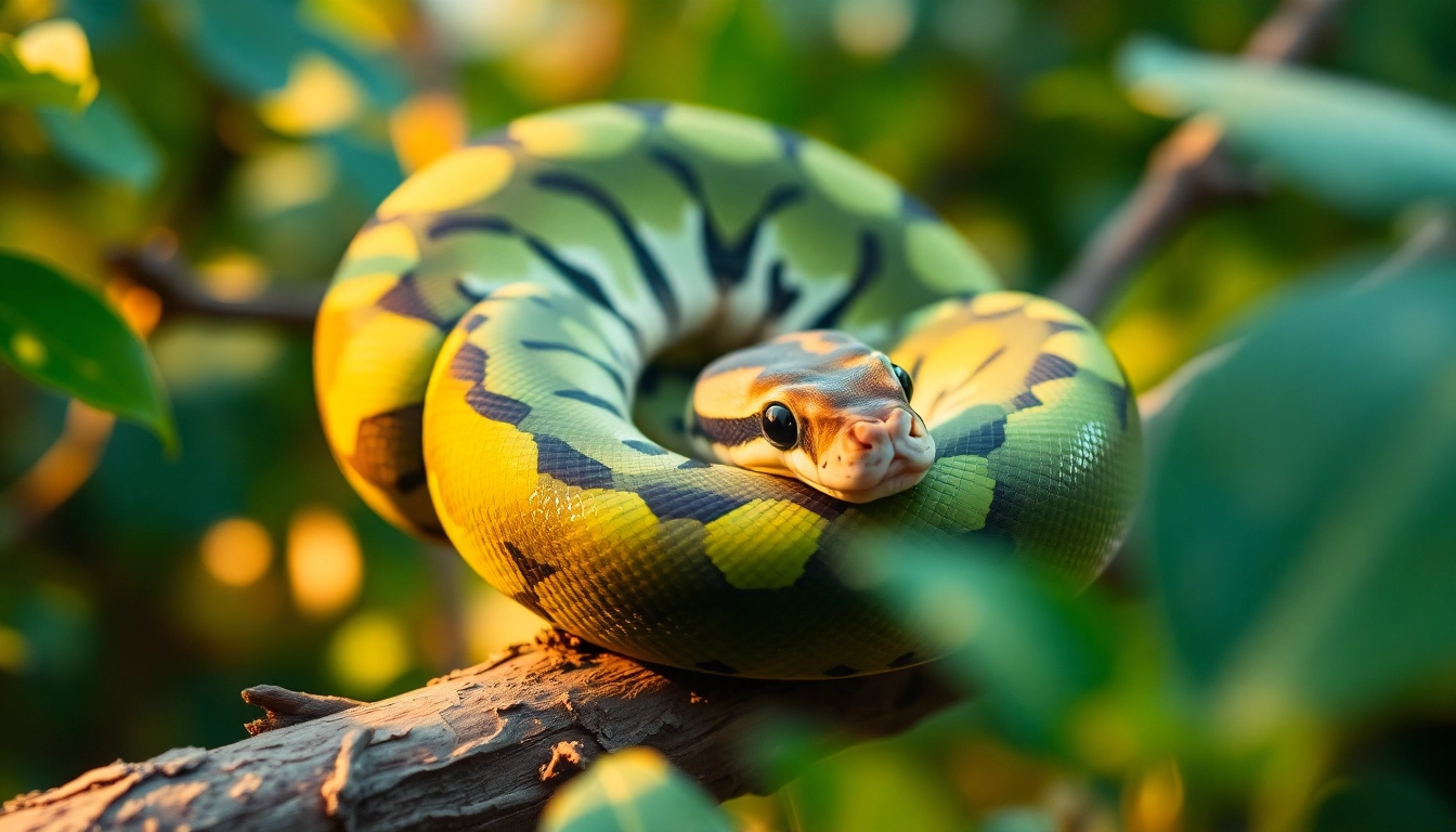 Baby ball python coiled gracefully on a branch, showcasing vibrant colors in a natural habitat.