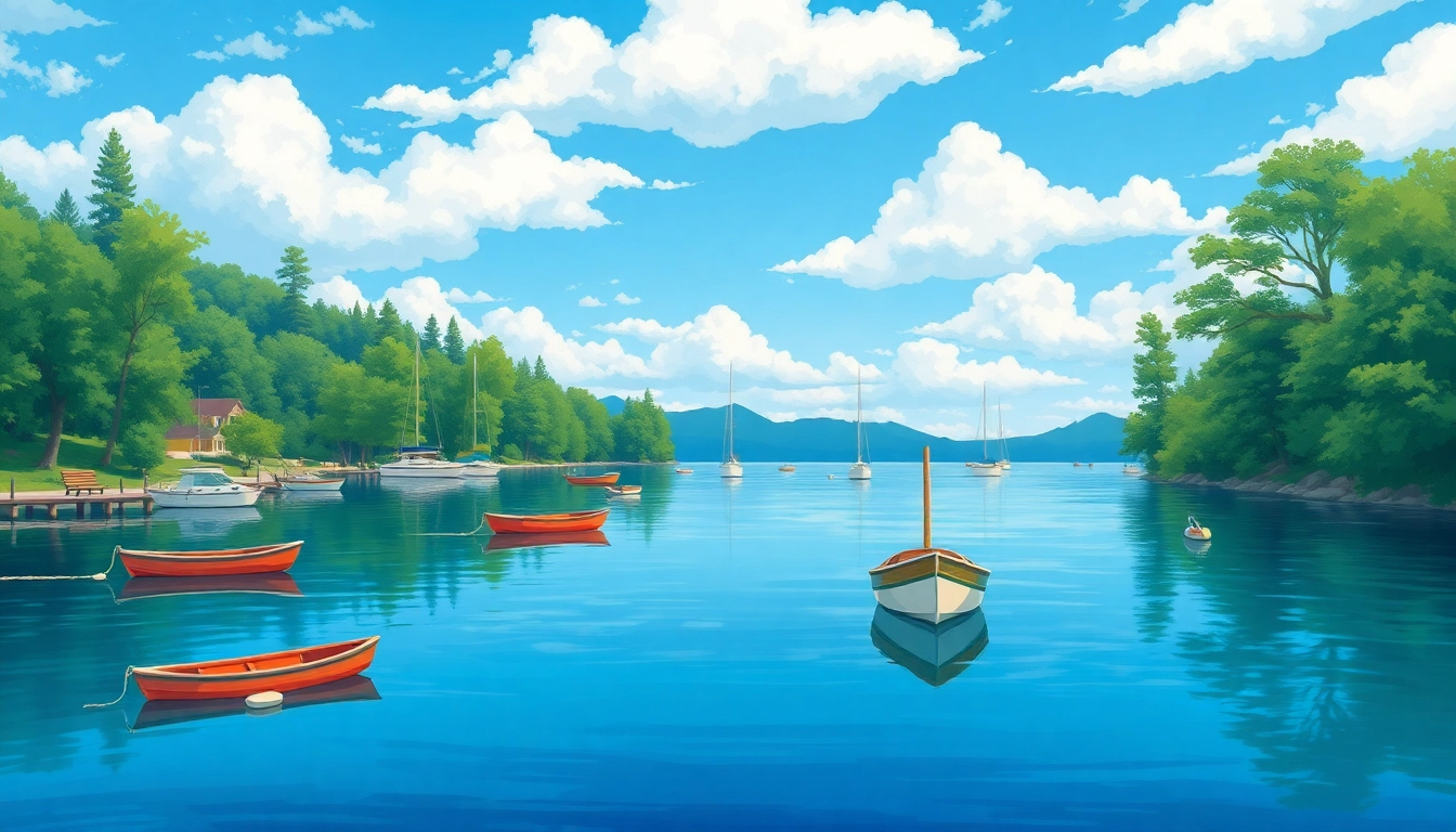Various lake boats navigating a peaceful lake surrounded by green scenery, perfect for family outings.